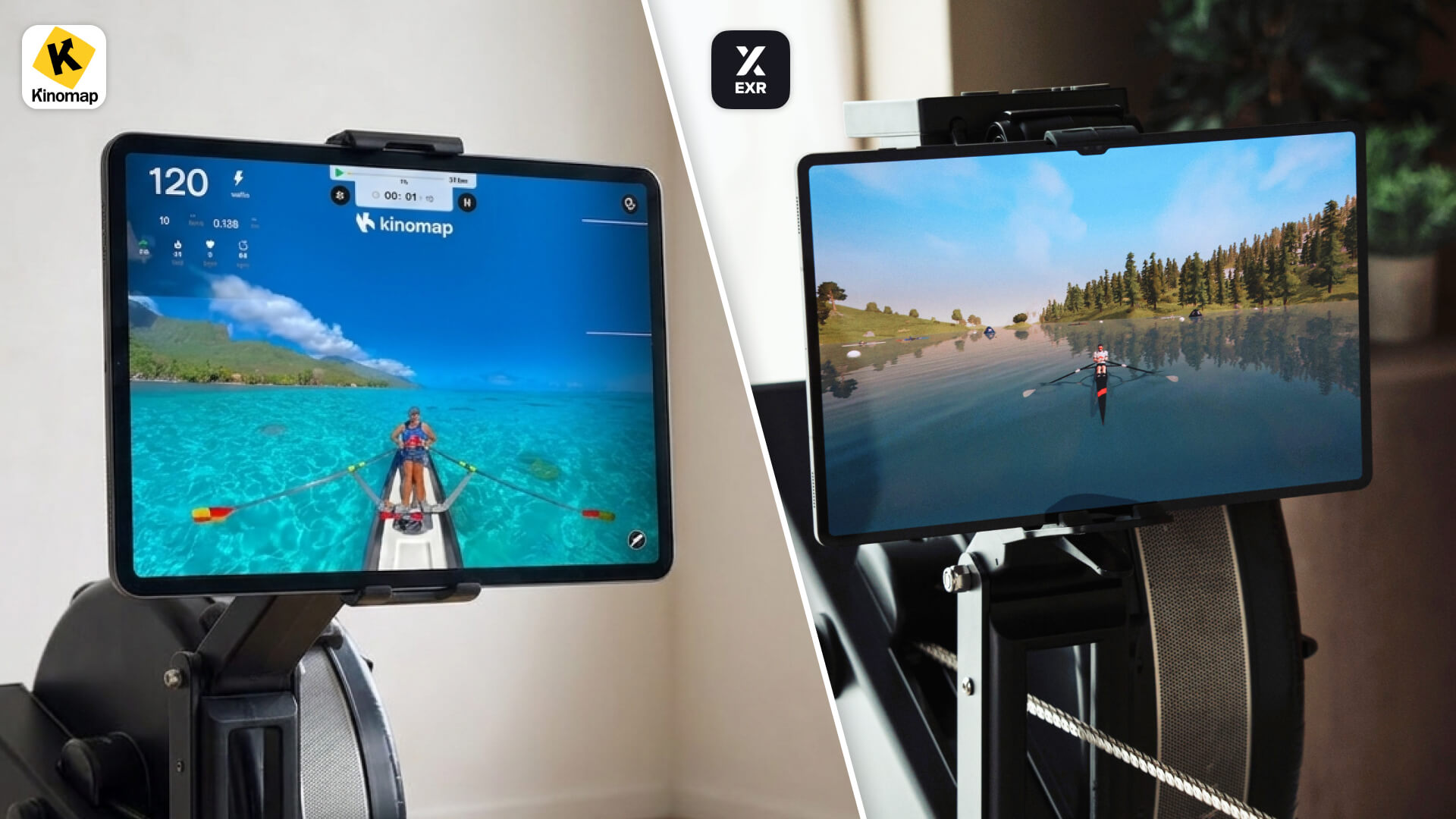 EXR's interactive 3D rowing world alongside Kinomap's real-world video routes