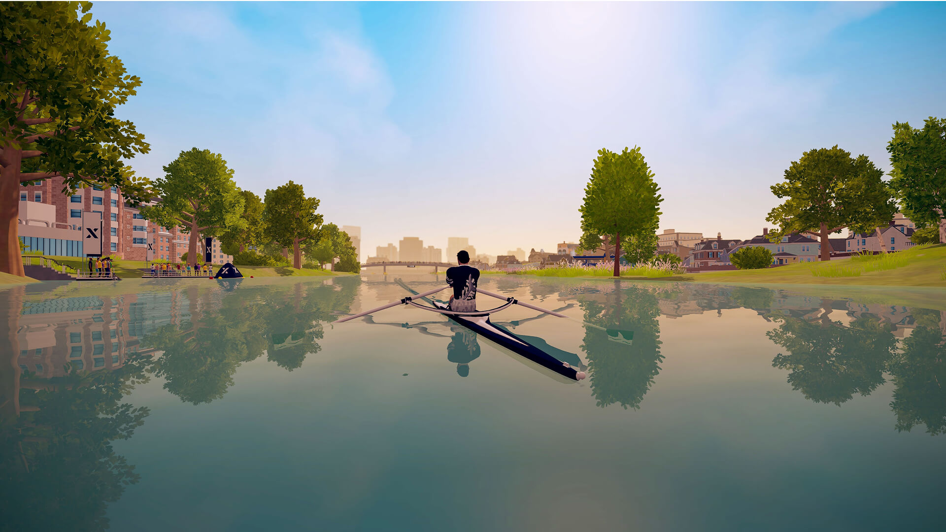In-game view of the Muddy River route in Boston, showing updated visuals and a more immersive rowing environment.